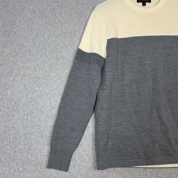 Banana Republic Sweater Men's Size M Grey Color Block Merino Wool Blend Crewneck - Picture 3 of 7